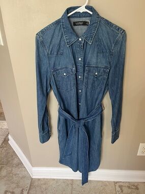 Lauren Ralph Lauren Medium Blue Denim Long Sleeve Shirt Dress with Tie Belt